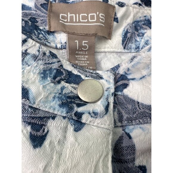Chico’s White Ankle Jeans Blue Flowers Lightweight Pockets Size 10 - Picture 6 of 8